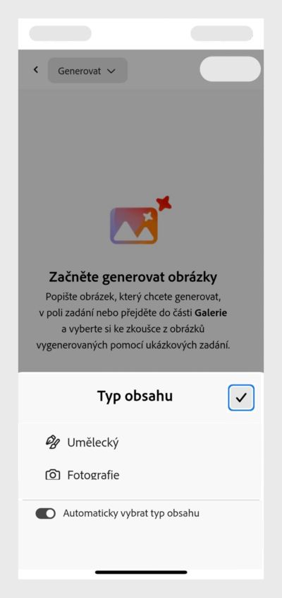 Otevře se část Typ obsahu a zobrazí se možnosti Fotografie, Kresba a Automaticky vybrat typ obsahu. 
