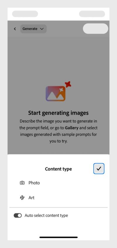 The Content Type section is open, and the Photo, Art, and Auto select content type options are displayed. 