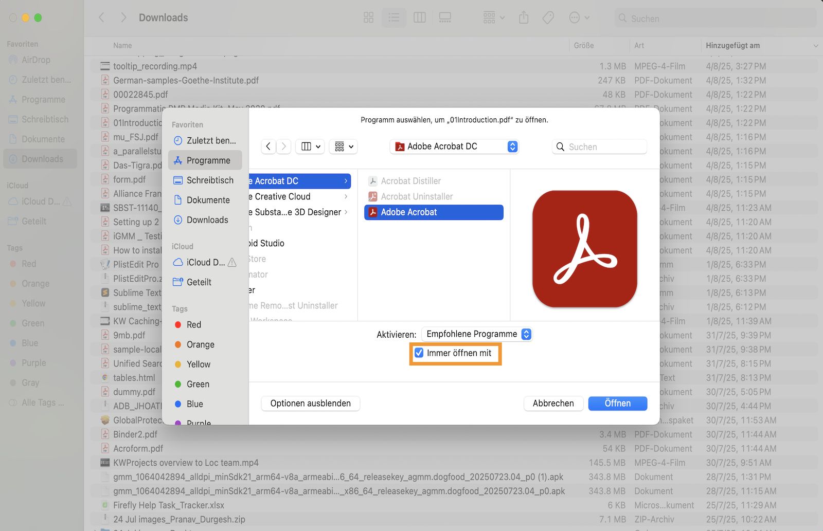 Das Dialogfeld „Öffnen mit“ enthält Optionen, mit denen du eine Anwendung zum Öffnen einer PDF-Datei auswählen und als Standard festlegen kannst.