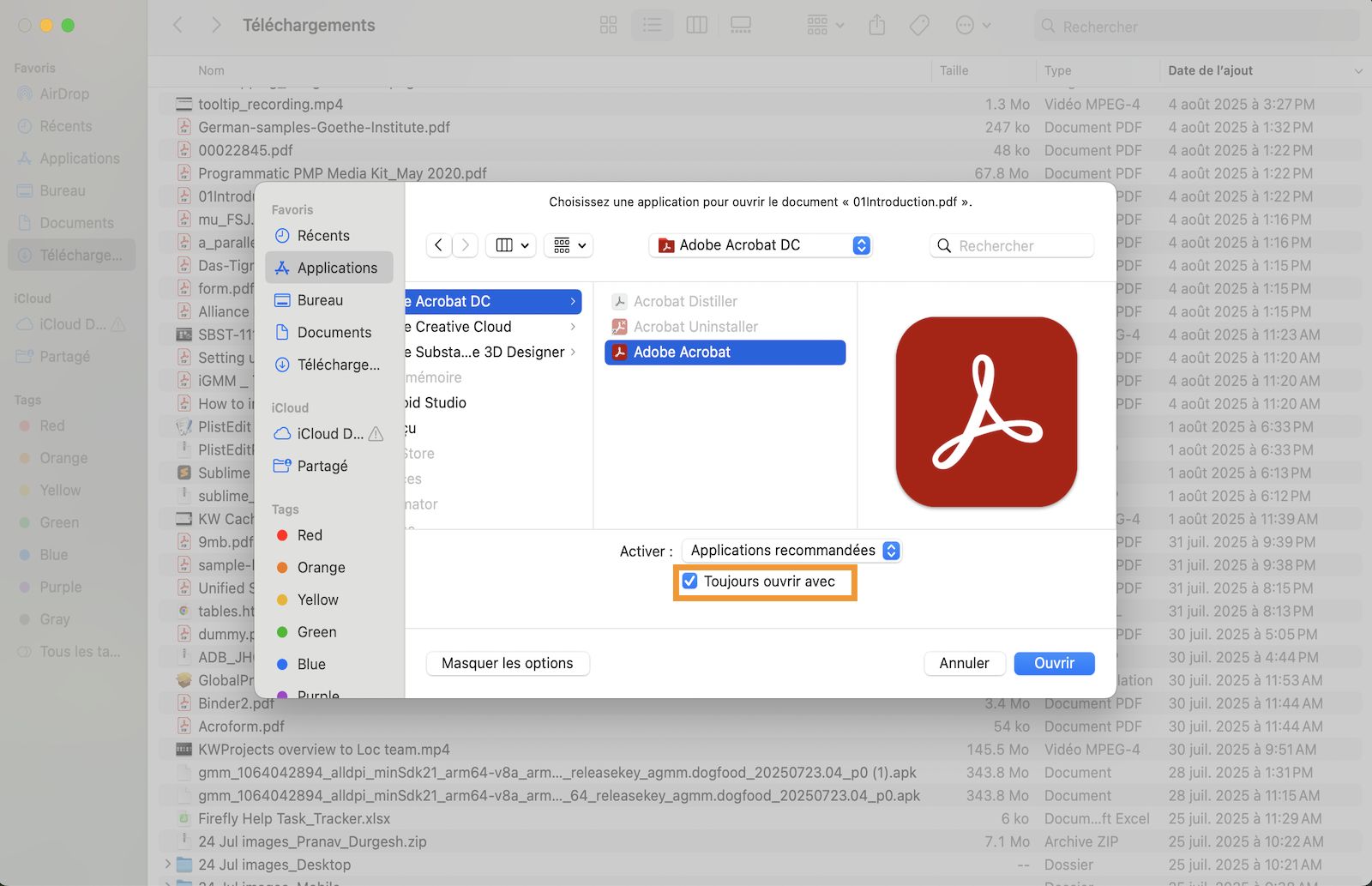 La boîte de dialogue « Ouvrir avec » propose des options permettant de sélectionner une application pour ouvrir un PDF et de la définir par défaut.