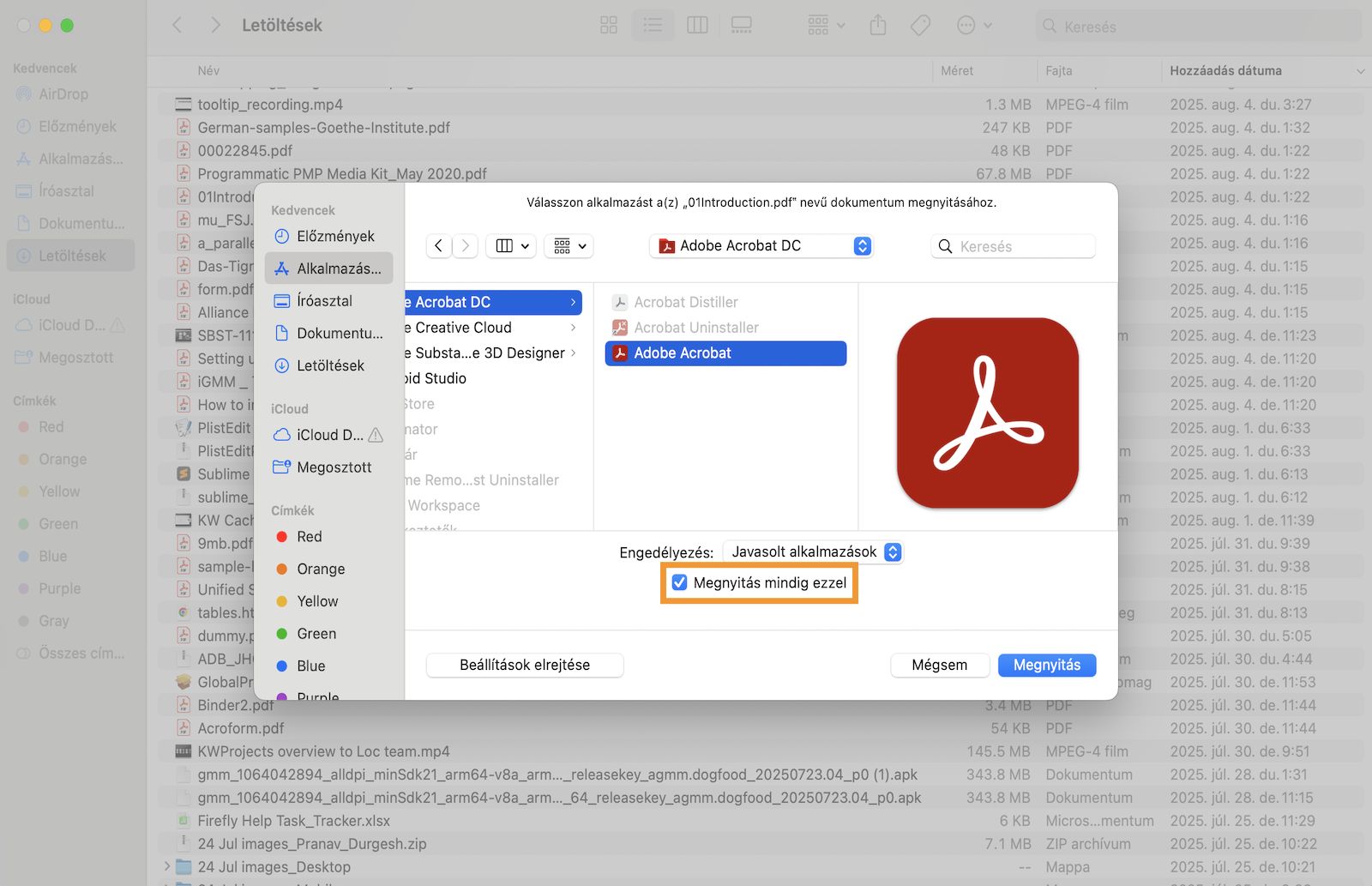 A Társítás párbeszédpanelen kiválaszthatja, hogy mely alkalmazásban kívánja megnyitni a PDF dokumentumot, és beállíthatja azt alapértelmezettként.
