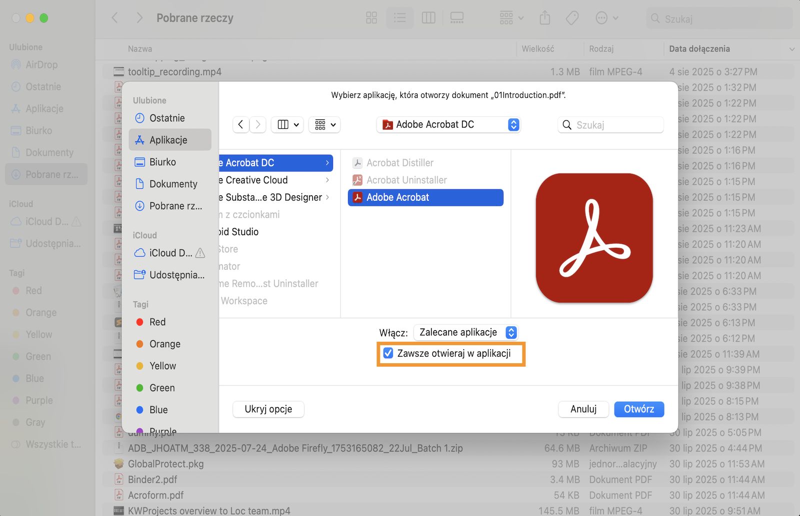 Okno dialogowe „Otwórz za pomocą” zawiera opcje wyboru aplikacji do otwarcia pliku PDF i ustawienia jej jako domyślnej.