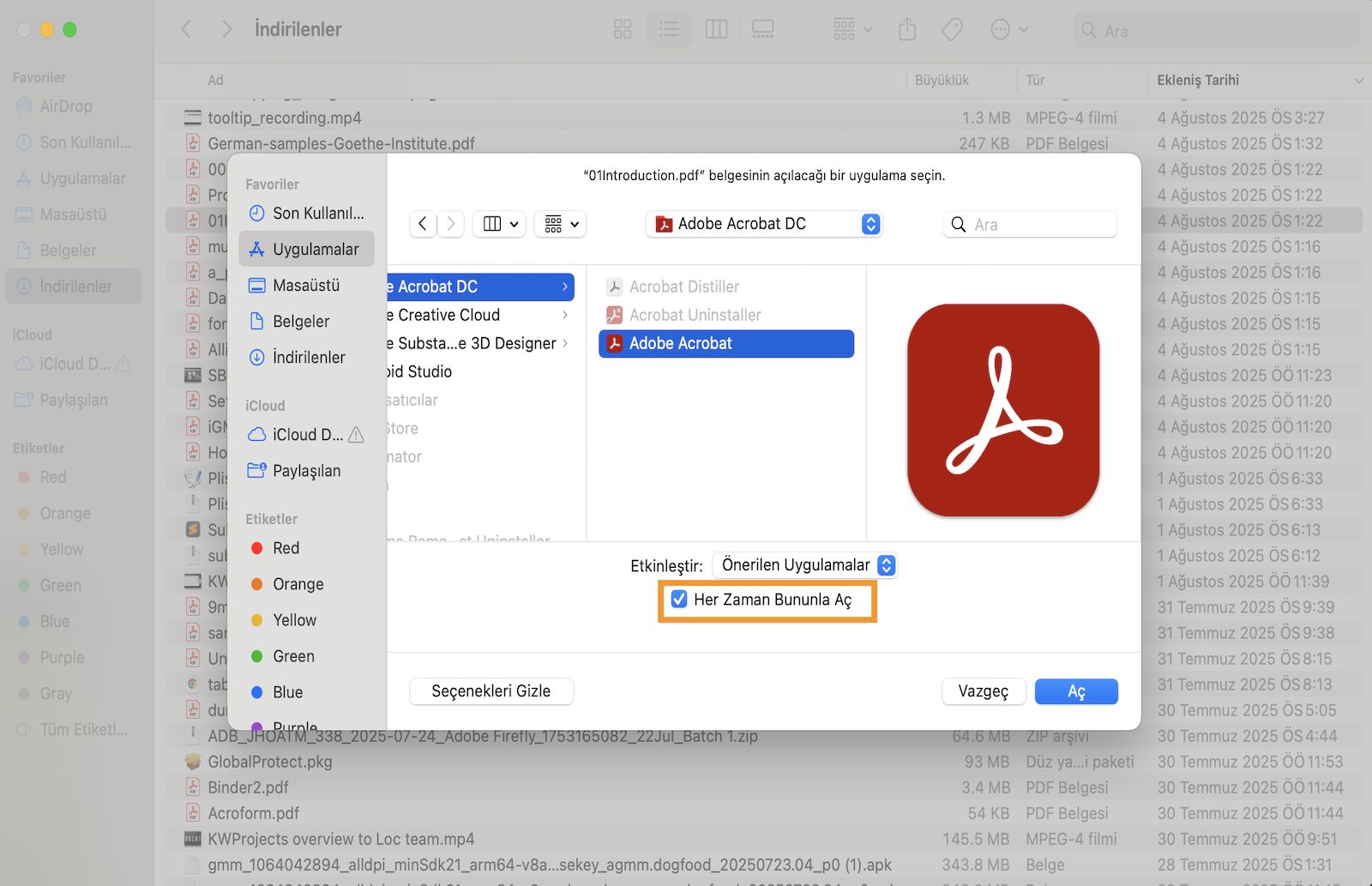 &quot;Birlikte Aç&quot; iletişim kutusu, bir PDF'yi açmak için bir uygulama seçme ve varsayılan olarak ayarlama seçenekleri sunar.
