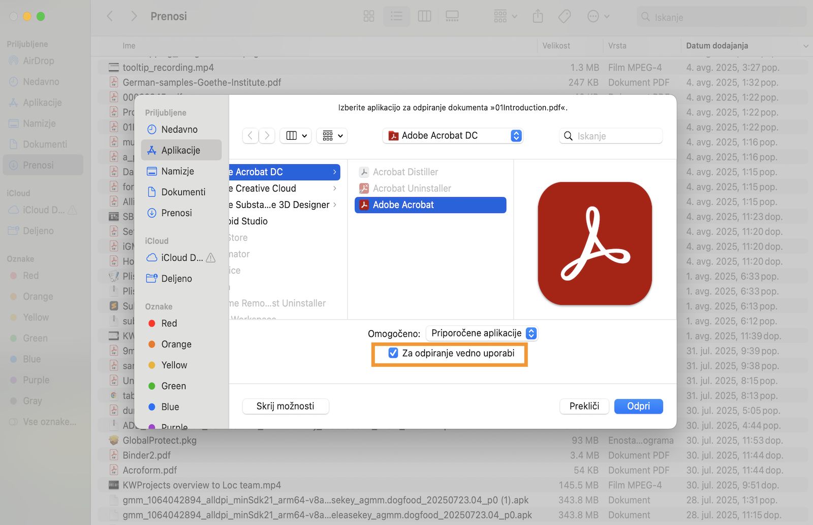 V pogovornem oknu »Odpri z« so možnosti za izbiro programa za odpiranje datoteke PDF in za nastavitev tega programa za privzeti program.
