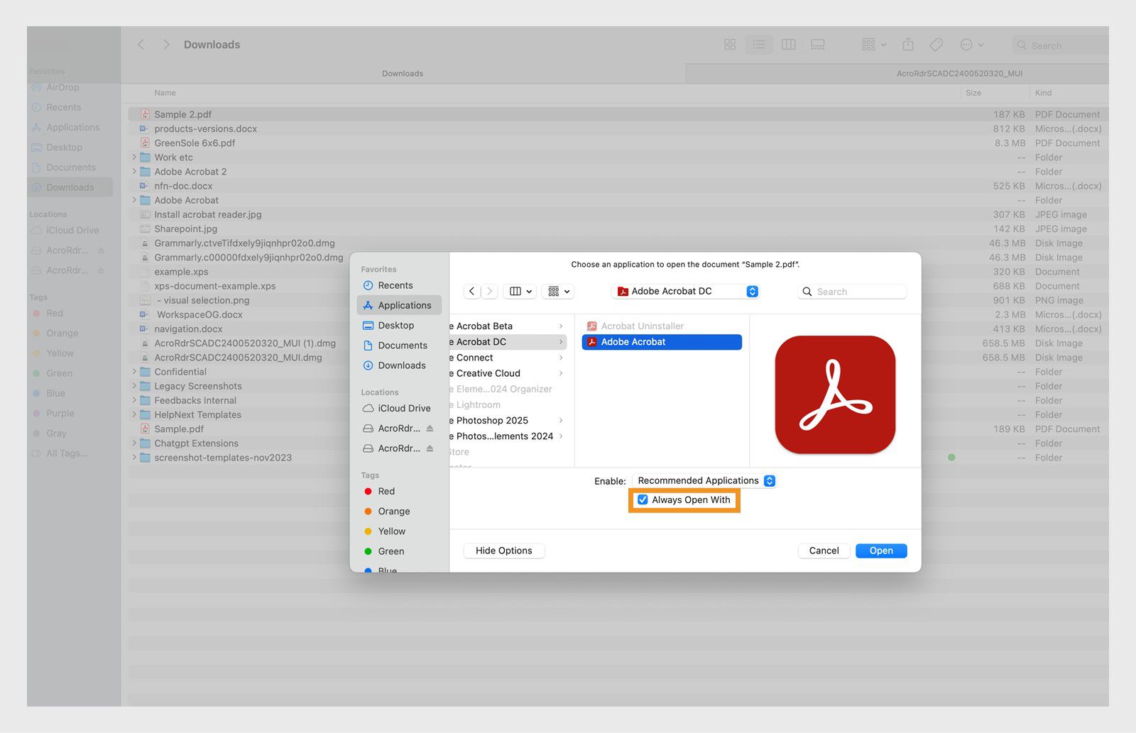 مربع الحوار &quot;فتح باستخدام&quot; يعرض خيارات لتحديد تطبيق لفتح ملف PDF وتعيينه تطبيقًا افتراضيًا.