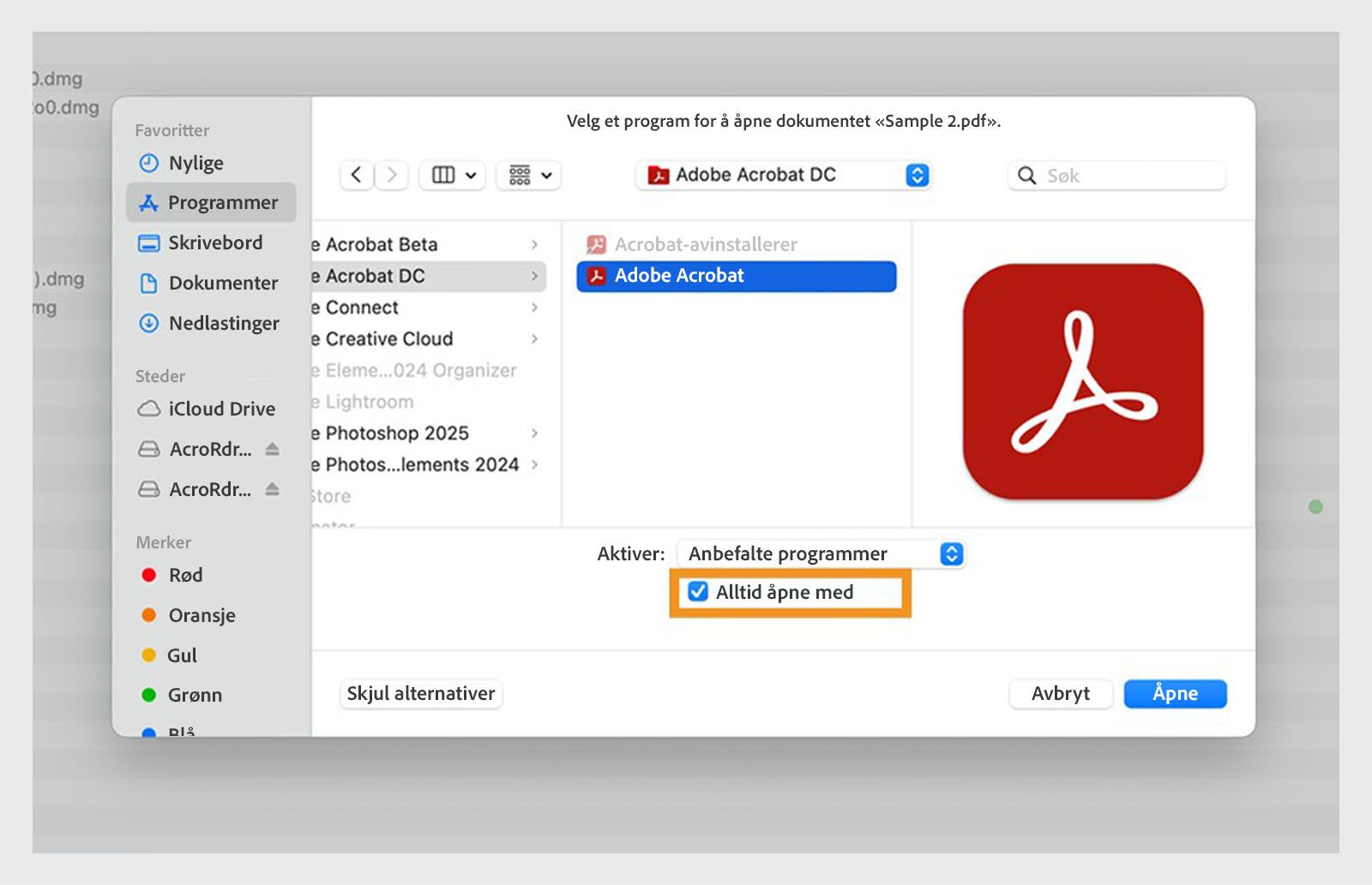 Dialogboksen «Åpne med» gir alternativer for å velge et program for å åpne en PDF og sette det som standard.