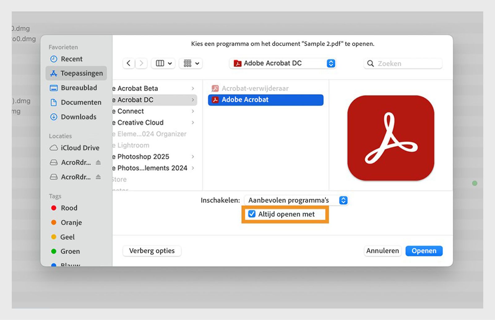 Het dialoogvenster Openen met bevat opties om een toepassing te selecteren voor het openen van PDF's en deze als standaard in te stellen.