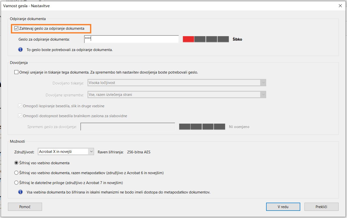 Nastavitev gesla za odpiranje dokumenta