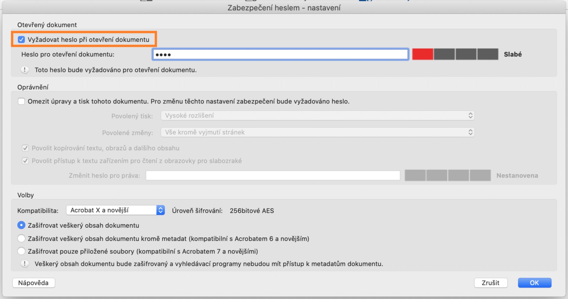 Nastavení hesla pro otevření dokumentu