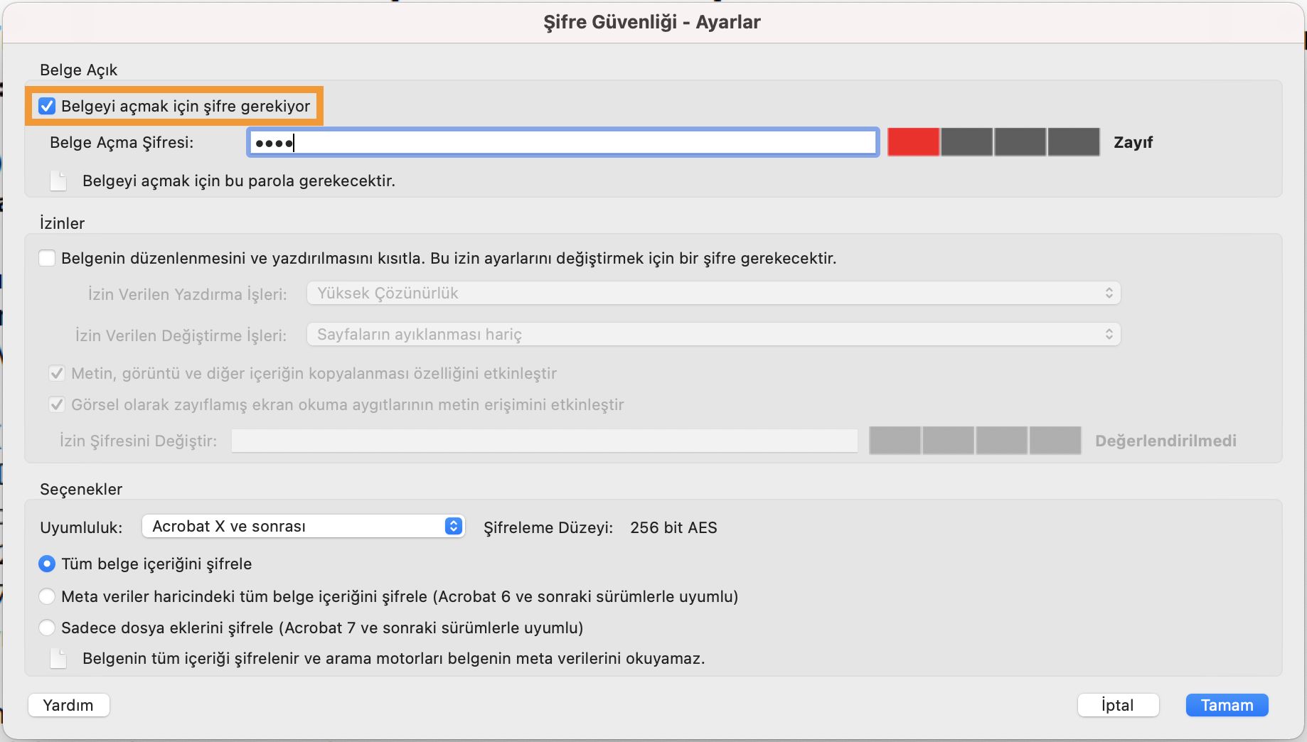 Belgeyi açma parolasını belirleme
