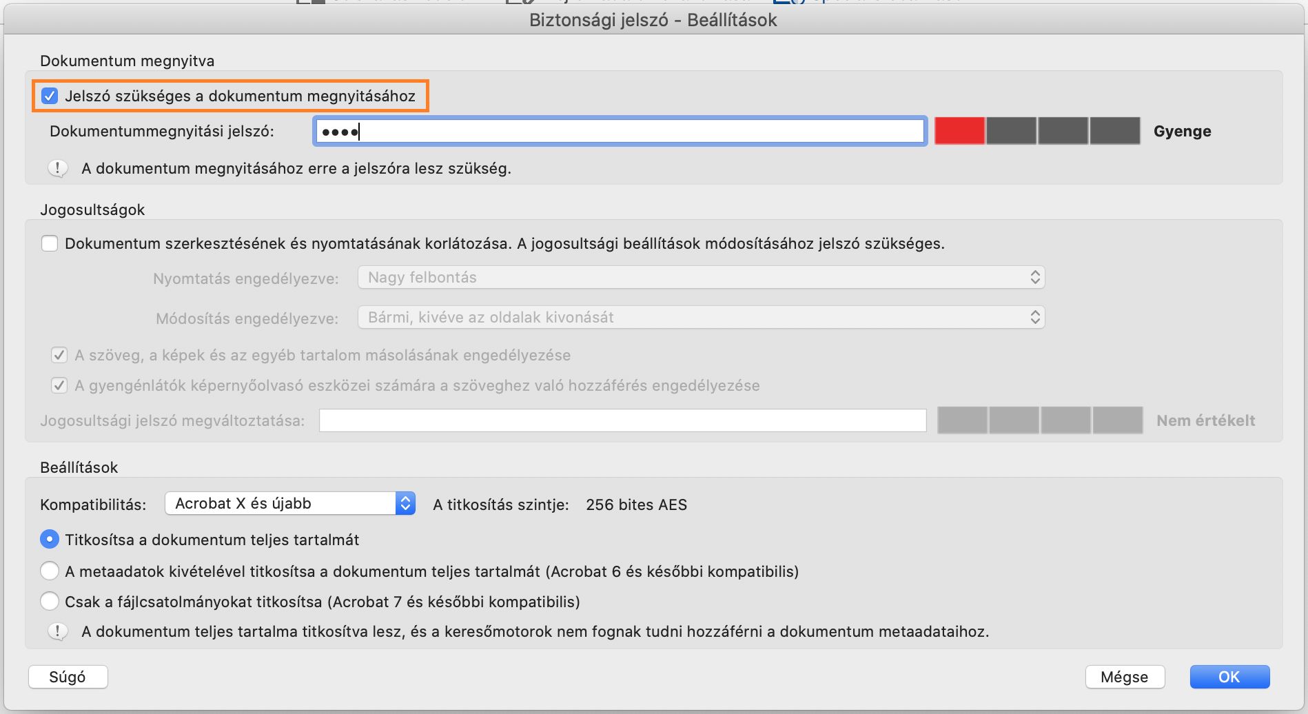 Dokumentummegnyitási jelszó beállítása