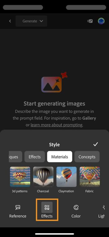 The Effects section shows different effects like Doodle drawing and Anime that guide the look and feel of your generated image.