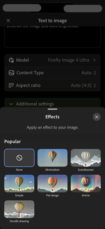 The Effects section shows different effects like Doodle drawing and Anime that guide the look and feel of your generated image.