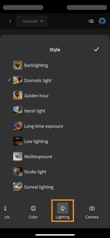 Het gedeelte Belichting toont belichtingsstijlen zoals Golden hour en Low lighting die de look and feel van je gegenereerde afbeelding bepalen.