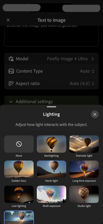 La sección Iluminación muestra estilos de iluminación como Hora dorada y Poca iluminación que guían la apariencia de la imagen generada.