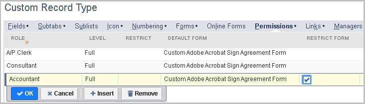 permissões de tipo de registro personalizado
