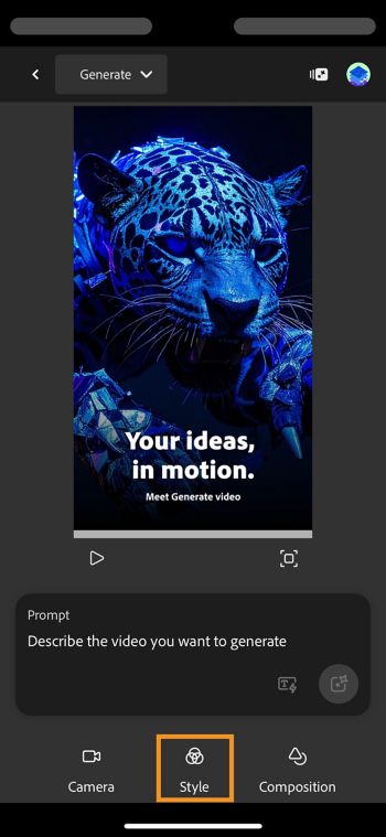 A tela de Texto para vídeo no Firefly exibe uma caixa de prompt e os itens de menu Câmera, Estilo e Composição.