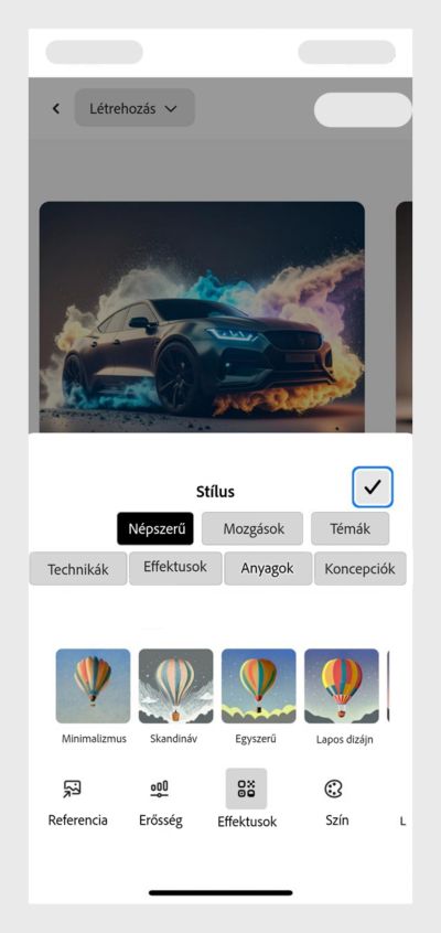 A Stílus szakasz nyitva van, és több beállítás (például Referencia, Erősség és egyebek) is használható a létrehozott kép megjelenésének és hangulatának szabályozására.