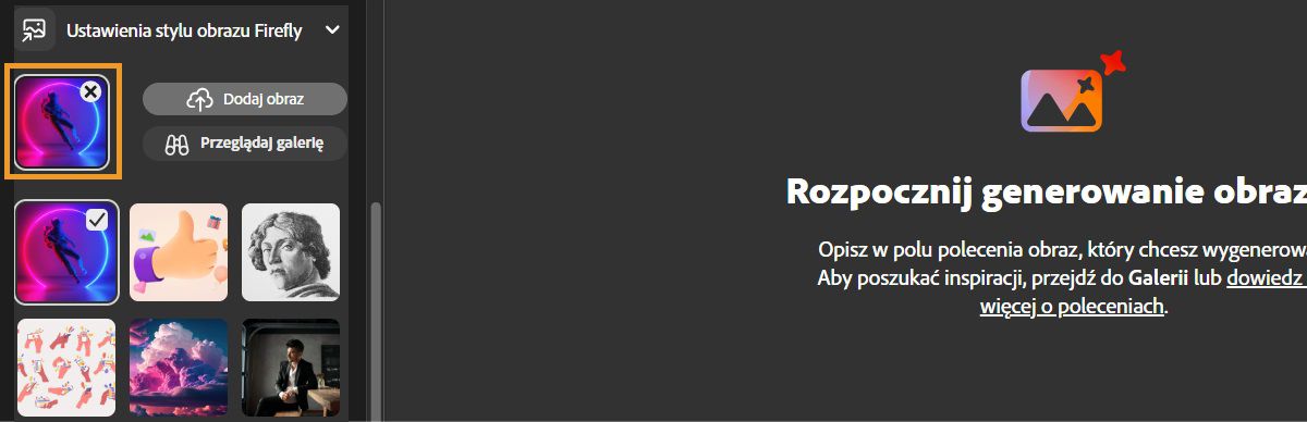 Przykład użycia funkcji Materiał referencyjny do połączenia poleceń tekstowych z obrazami referencyjnymi w celu wygenerowania wariantów.