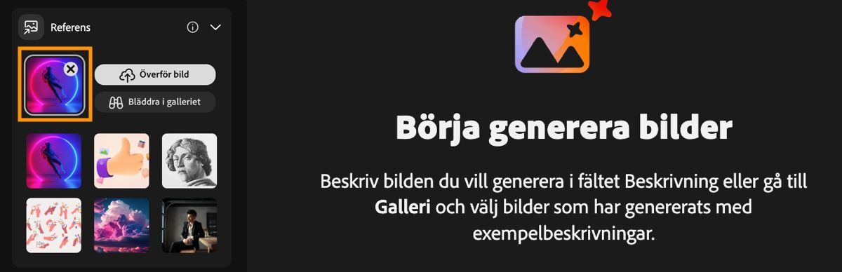 Ett exempel på hur du kan använda funktionen Referens för att använda textpromptar i kombination med referensbilder för att generera variationer.