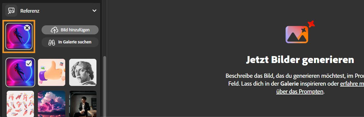 Ein Beispiel dafür, wie du die Funktion „Referenz“ verwenden kannst, um mithilfe einer Kombination aus Text-Prompts und Referenzbildern Varianten zu generieren.