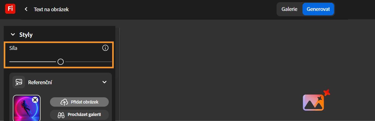 V části Styly je vybrán posuvník Síla, který je nastaven na neutrální.