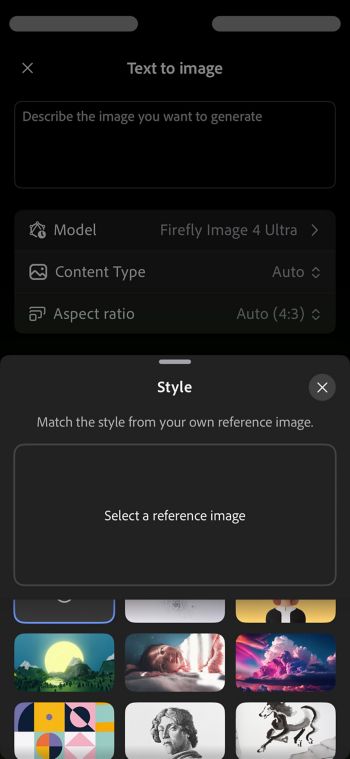 The Text to image screen displays an open Style section with various options to guide the look and feel of your generated image.