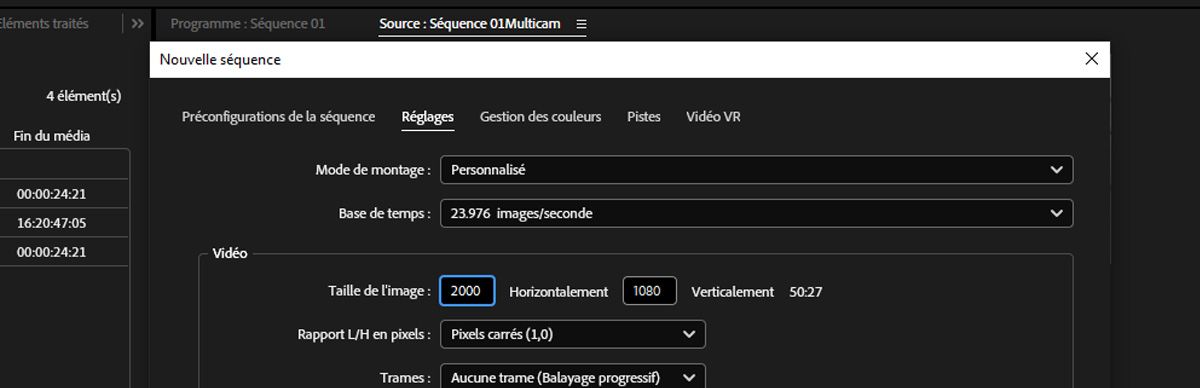 Le panneau Paramètres de nouvelle séquence est ouvert, mettant en évidence l'option Taille d'image définie sur 2000 pixels horizontaux et 1080 pixels verticaux, avec un rapport L/H de 50,27.