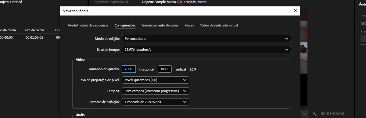 O painel Configurações de nova sequência está aberto, destacando a opção Tamanho do quadro definida como 2000 pixels horizontais e 1080 verticais, com uma proporção de 50,27.