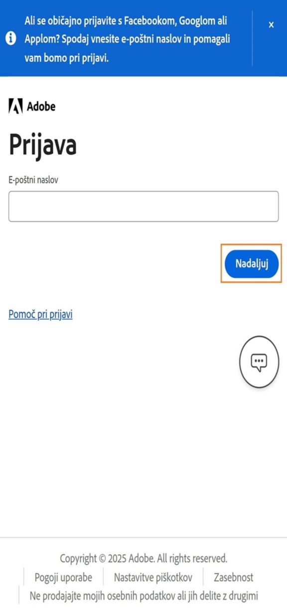 Gumb Nadaljuj, ki je na voljo na strani za prijavo na telefonu, vam omogoča prijavo, ko vnesete svoj e-poštni naslov. 