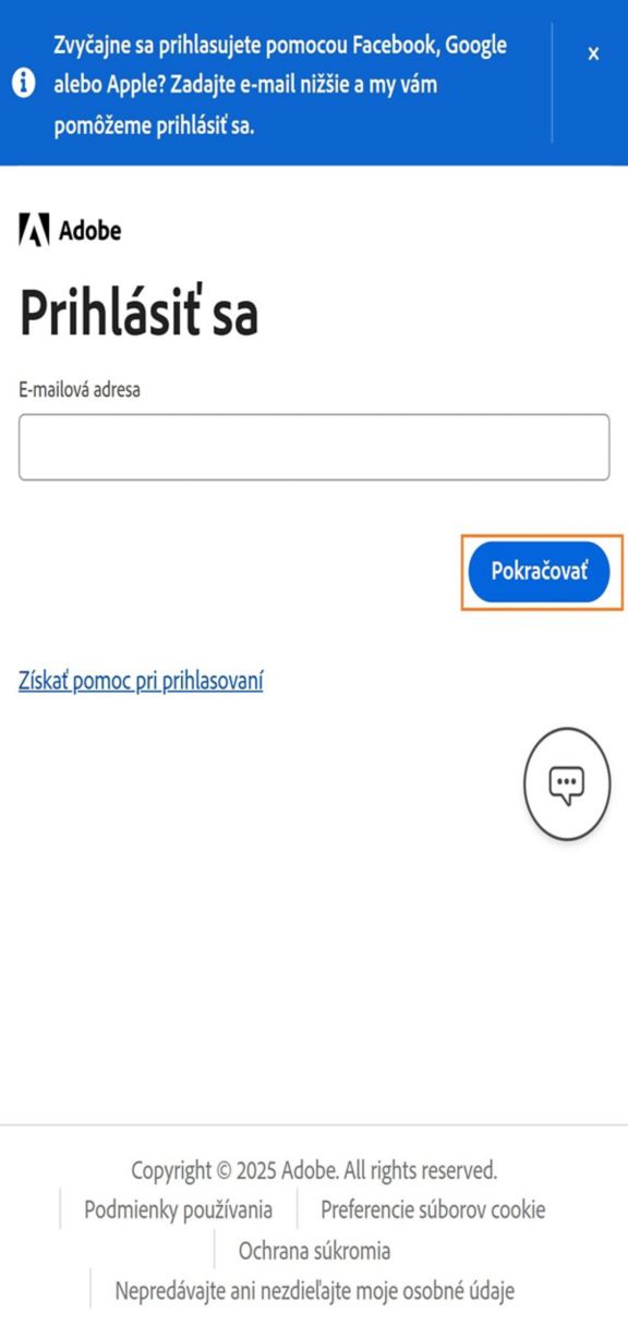Tlačidlo Pokračovať, dostupné na stránke Prihlásiť sa vo vašom telefóne, vám umožňuje prihlásiť sa po zadaní e-mailovej adresy. 