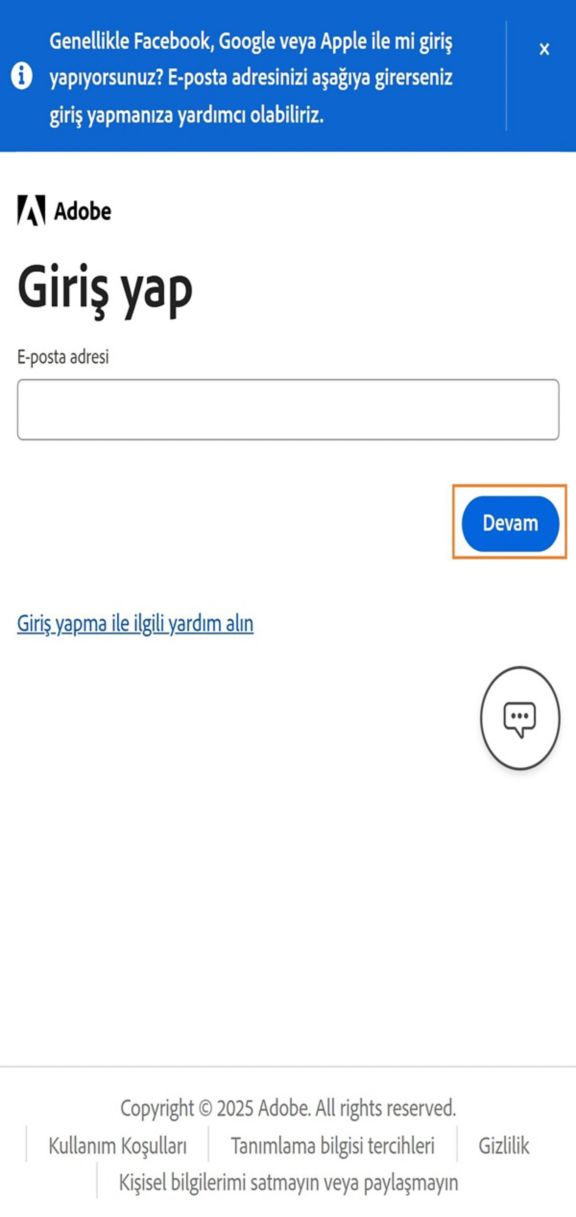 Telefonunuzdaki Giriş yap sayfasında bulunan Devam et düğmesi, e-posta adresinizi girdikten sonra giriş yapmanızı sağlar. 