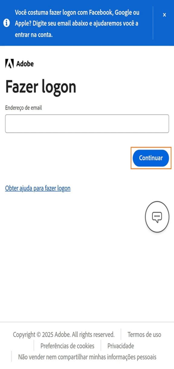 O botão Continuar, disponível na página Fazer logon do seu telefone, permite fazer logon depois que você inserir seu endereço de e-mail.