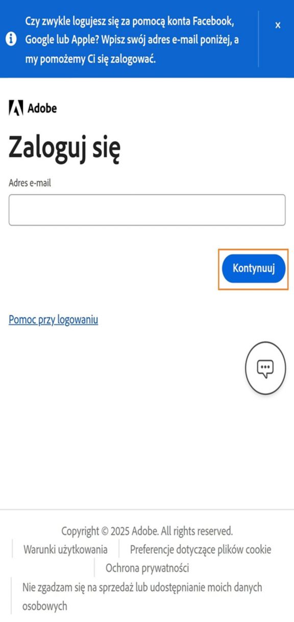 Przycisk Kontynuuj, dostępny na stronie logowania w telefonie, umożliwia zalogowanie się po wprowadzeniu adresu e-mail. 