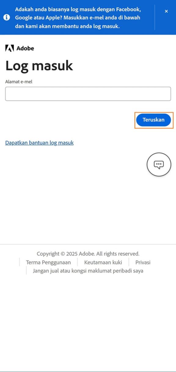 Butang Teruskan, tersedia pada halaman Daftar masuk pada telefon anda, membolehkan anda log masuk selepas anda memasukkan alamat e-mel anda. 