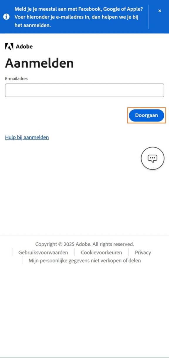 De knop Doorgaan, beschikbaar op de aanmeldingspagina op je telefoon, stelt je in staat om je aan te melden nadat je je e-mail hebt ingevoerd. 