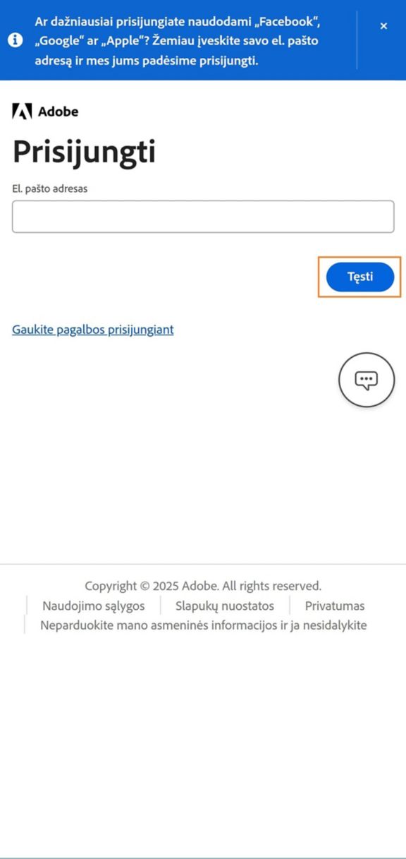 Mygtukas „Tęsti“, esantis prisijungimo puslapyje telefone, leidžia prisijungti įvedus el. pašto adresą.