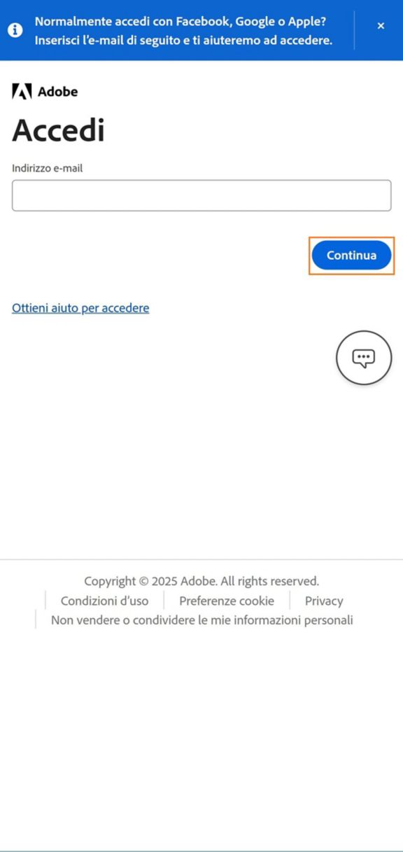 Il pulsante Continua, disponibile nella pagina Accedi sul telefono, ti consente di accedere dopo aver inserito il tuo indirizzo e-mail. 