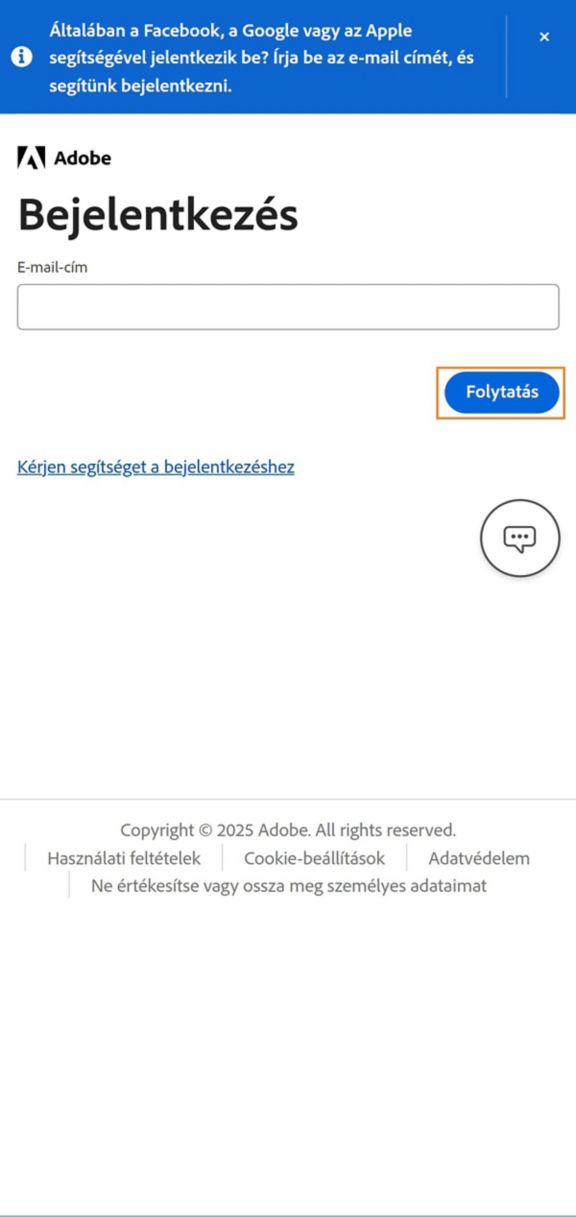 A Folytatás gomb, amely a telefon bejelentkezési oldalán érhető el, lehetővé teszi a bejelentkezést, miután megadta e-mail-címét. 