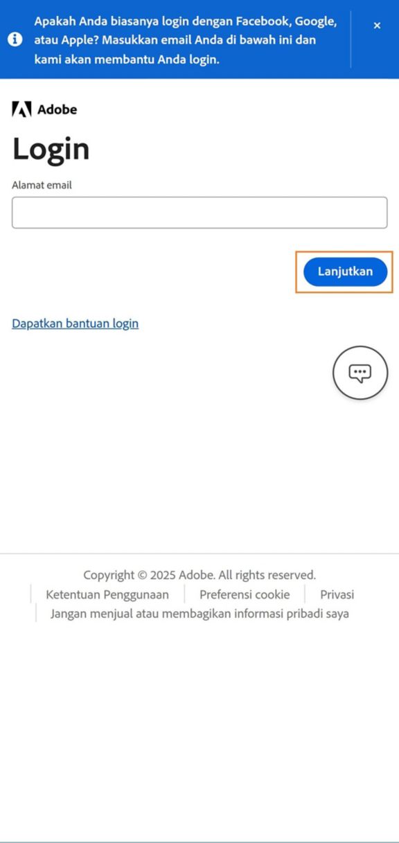 Tombol Lanjutkan, tersedia pada halaman Login di ponsel Anda, memungkinkan Anda untuk login setelah memasukkan alamat email Anda. 