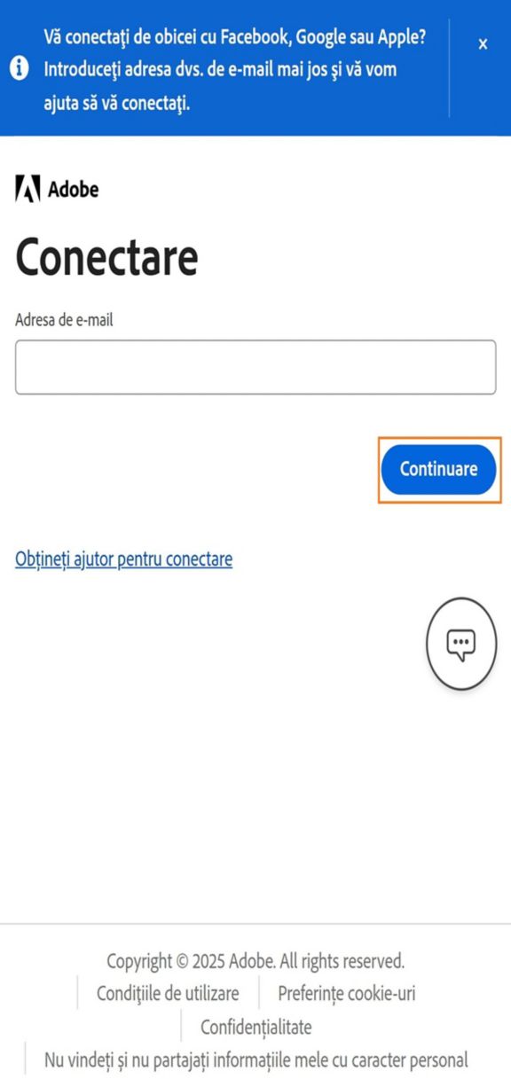 Butonul Continuați, disponibil pe pagina de Conectare de pe telefon, vă permite să vă conectați după ce ați introdus adresa de e-mail. 