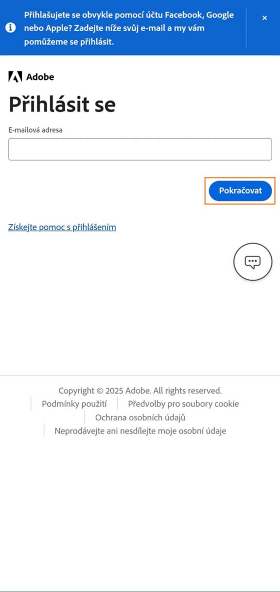 Tlačítko Pokračovat, které je k dispozici na stránce Přihlášení v telefonu, vám umožní se přihlásit poté, co zadáte e-mailovou adresu. 