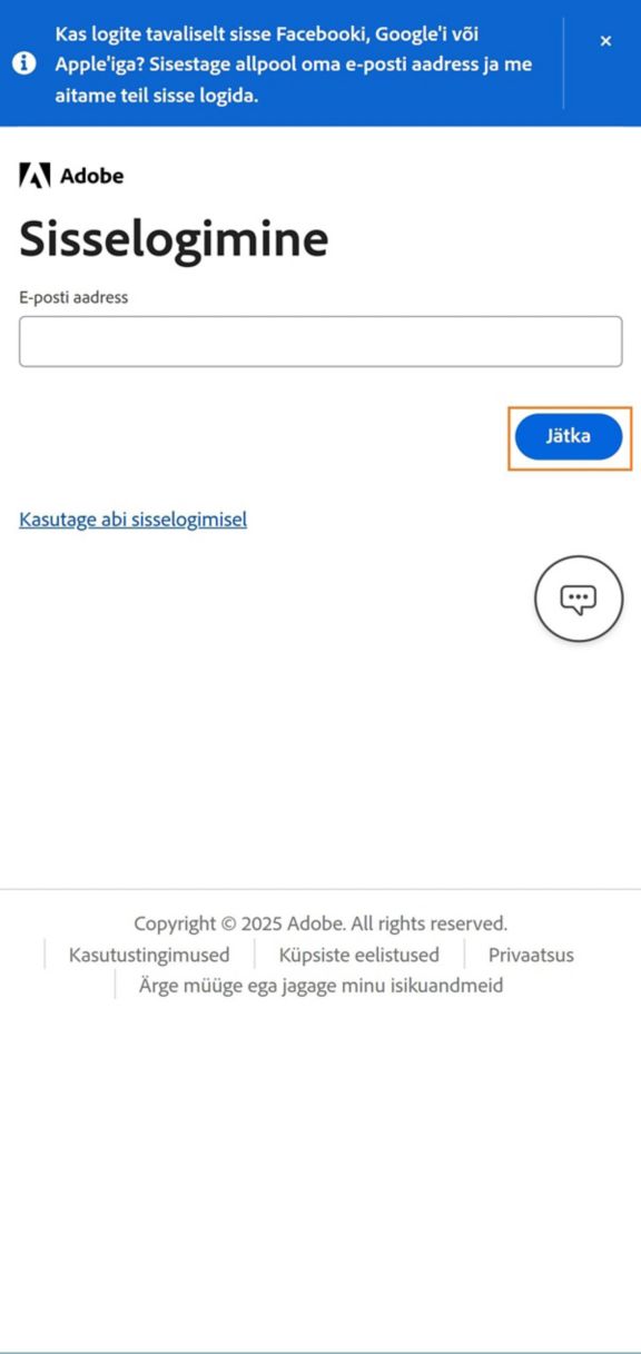 Nupp Jätka, mis on saadaval teie telefoni sisselogimislehel, võimaldab teil sisse logida pärast e-posti aadressi sisestamist. 