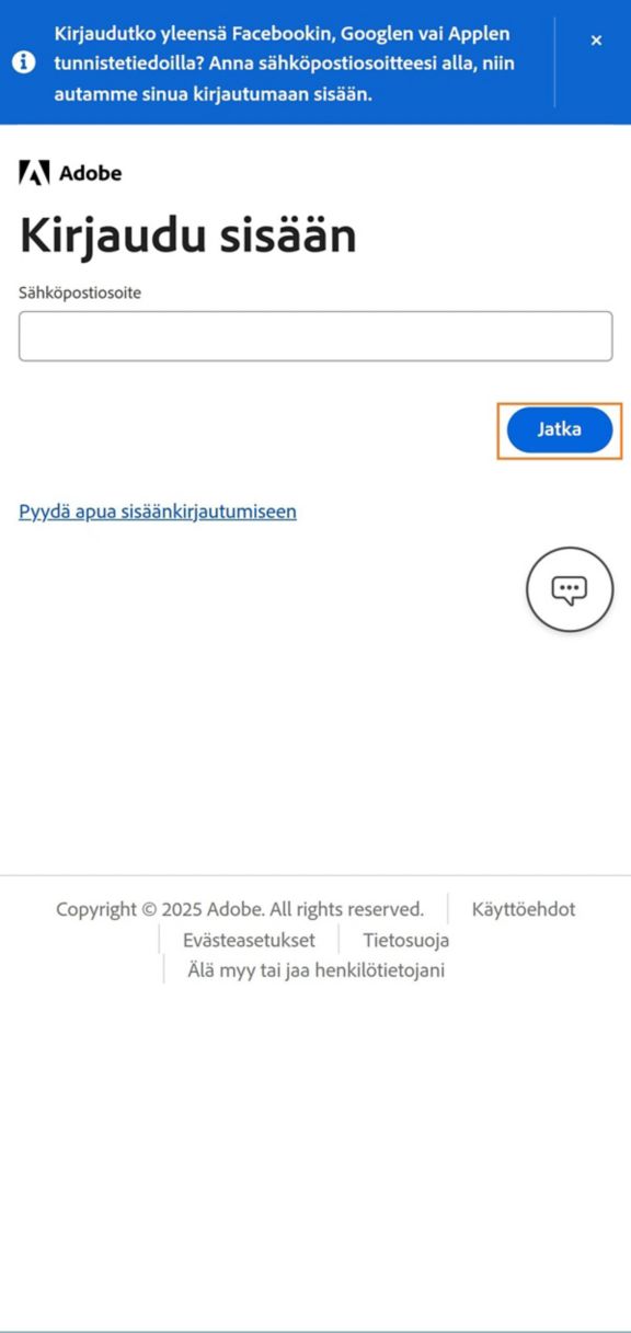 Jatka-painike, joka on käytettävissä puhelimesi Kirjaudu sisään -sivulla, mahdollistaa sisäänkirjautumisen sähköpostiosoitteen syöttämisen jälkeen. 