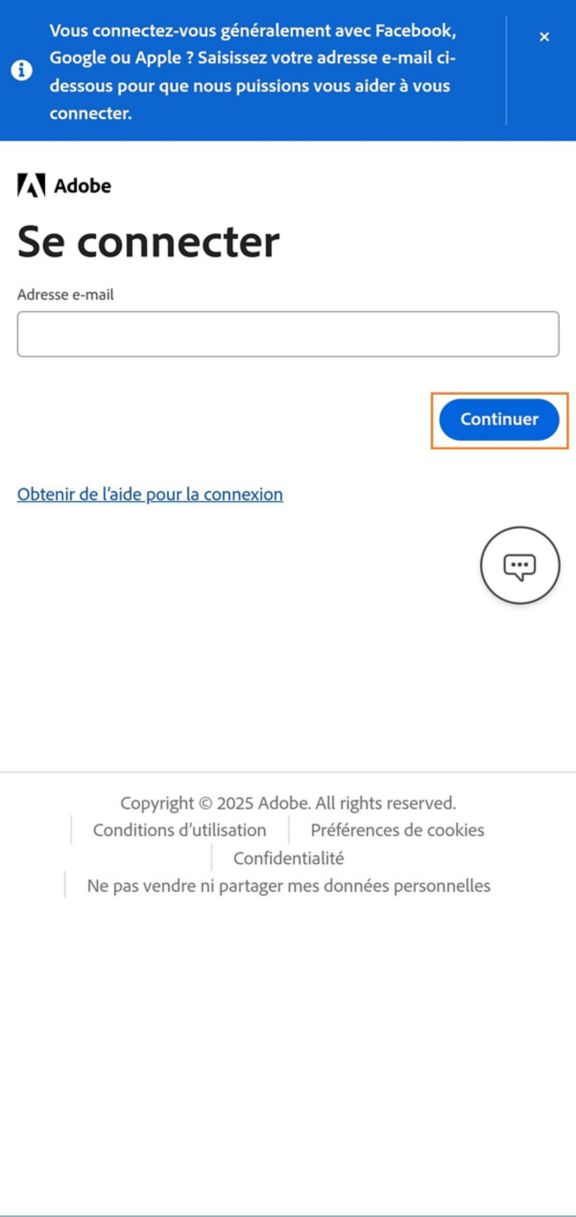 Le bouton Continuer, disponible sur la page de connexion de votre téléphone, vous permet de vous connecter après avoir saisi votre adresse e-mail. 