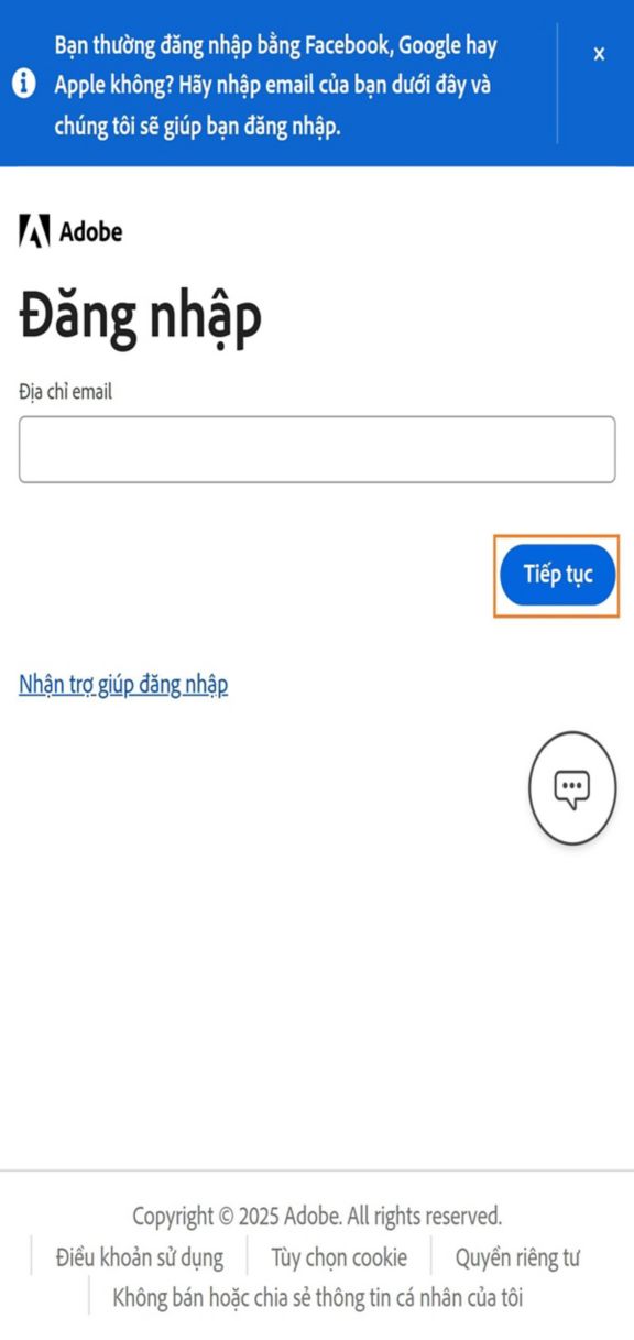 Nút Tiếp tục trên trang Đăng nhập trên điện thoại cho phép bạn đăng nhập sau khi nhập địa chỉ email. 