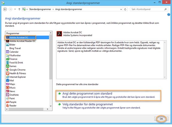 Dialogboksen Angi dette programmet som standard