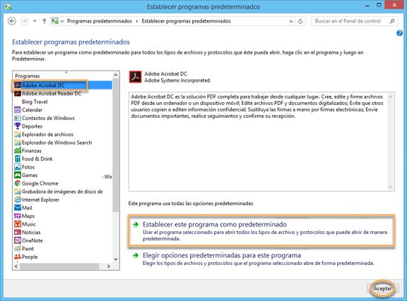 Cuadro de diálogo de establecimiento del programa como predeterminado