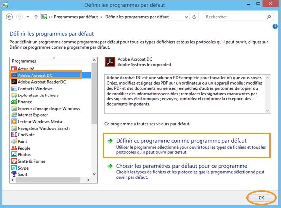 Boîte de dialogue Définir les programmes par défaut