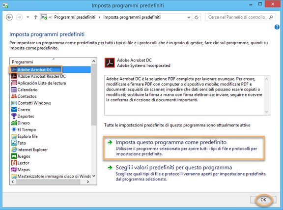 Finestra di dialogo per impostare il programma predefinito